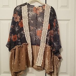 Sheer Floral Flowy Scarf Jacket with Velvet